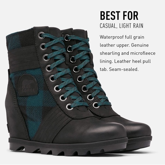 New! Sorel Lexie Wedge Boot Teal Blue & Black Buffalo Check Plaid - Picture 3 of 8